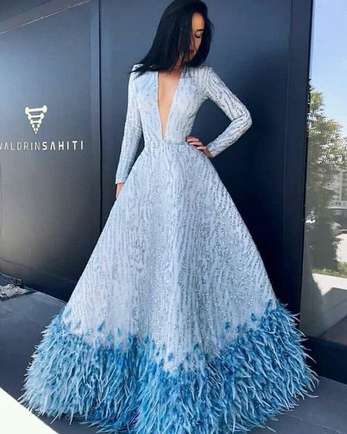 Light Blue Evening Dresses Lace Sequined Beads Deep V Neck A Line Long Sleeve Prom Dress Luxury Feather Arabic Special Occasion Gown