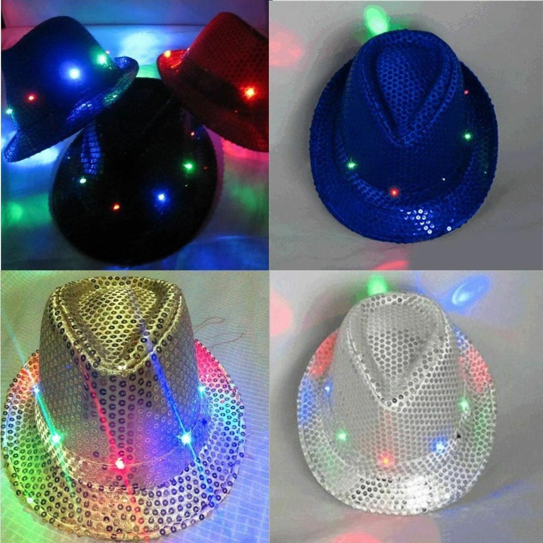 Party Hats Mens Hot Flashing Light Up Led Fedora Trilby Sequin Fancy Dress Dance Party Hat for Stage Wear