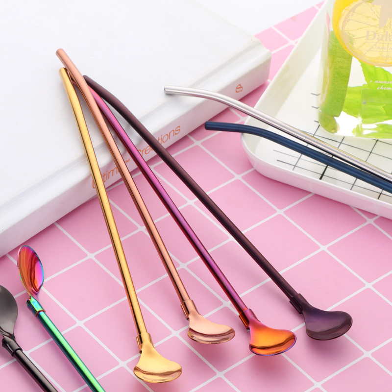 8 Colors Stainless Steel Long Metal Drinking Straw Spoon with Cleaning Brush Coffee Bar Kitchen Party Drink Accessories