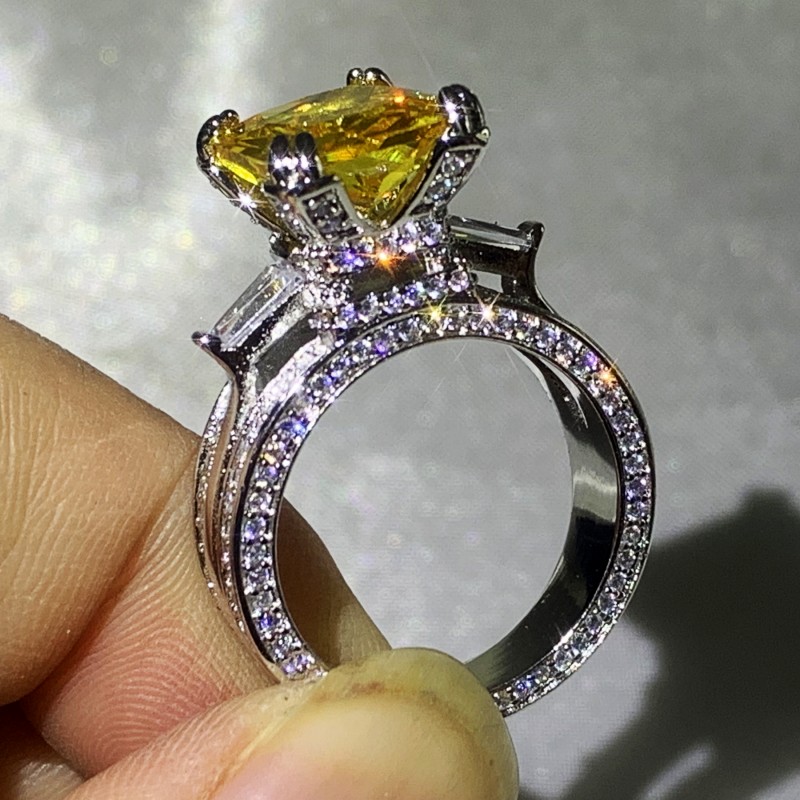 Victoria Classical Jewelry 925 Sterling Silver Princess Cut Yellow Topaz CZ Diamond Eiffel Tower Promise Women Wedding Engagement Band Ring