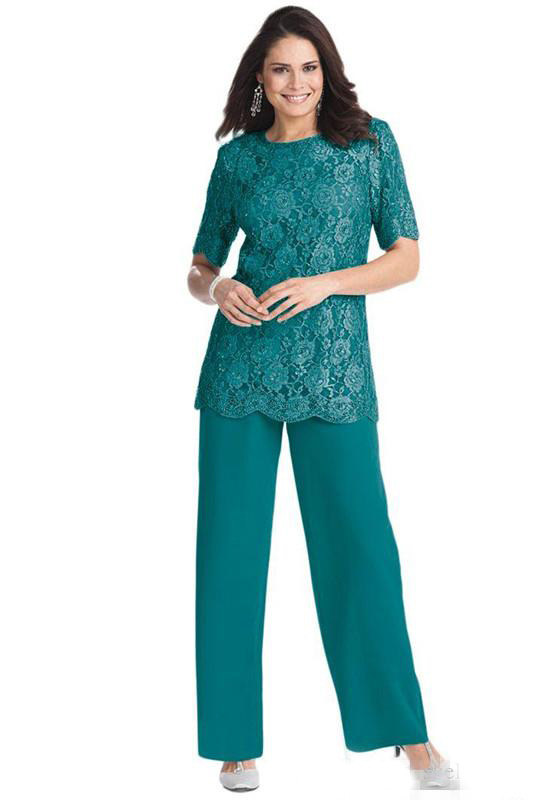 New Half Sleeves Jewel Neck Mother of the Bride Suits Lace Chiffon Pants Suit Plus Size Custom Made