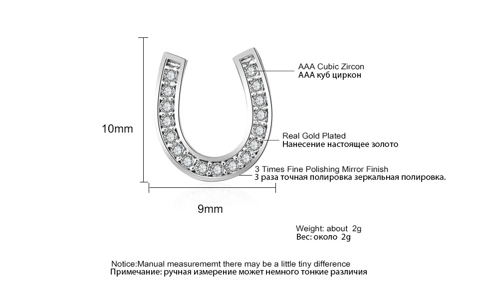 New Fashion Fine Quality White Gold CZ Zircon Horseshoe U Letter Stud Earrings Girls Creative Tiny Earring Studs Jewelry Gifts Wholesale