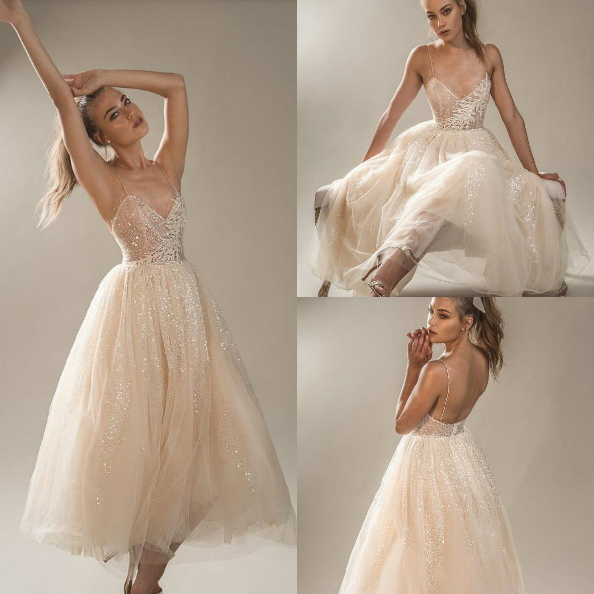2019 Short Wedding Dresses Spaghetti Lace Sequins Applique Bohemian Champagne Wedding Dress A Line Cheap Bridal Gowns Boho Style