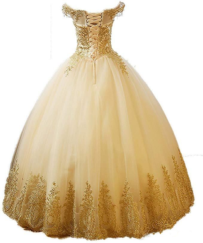 2020 Real Image Gold Lace Applique Ball Gown Quinceanera Dresses Prom Party Crystals Beaded Girl Pageant Sweet 16 Gowns QC1497