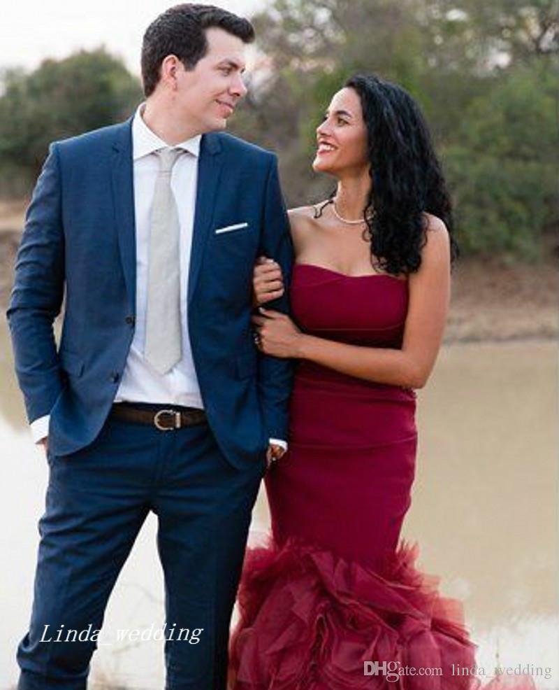 2019 Burgundy Mermaid Wedding Dresses Wine Red Strapless Backless Long Bridal Party Gowns Plus Size vestidos de novia sirena