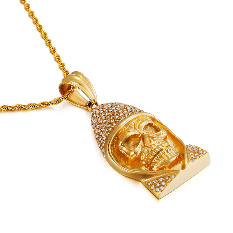 Vitage Exaggeration Skeleton Pendants Necklace Men's Hip Hop 316L Stainless Steel Cubic Zirconia Setting 18K Gold Plated Jewelry