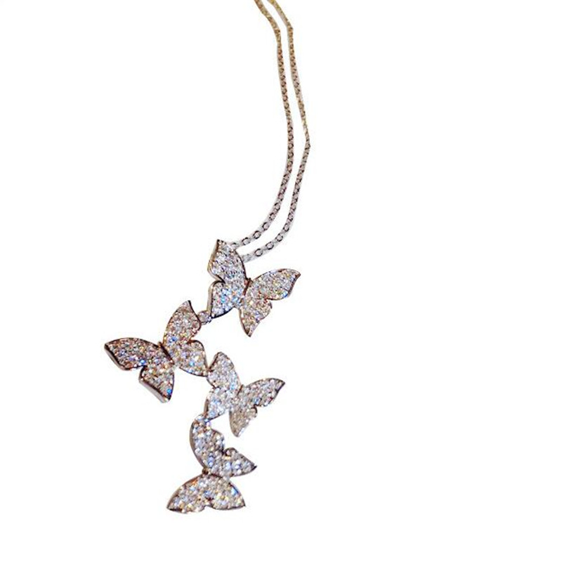New Arrival Classical Fashion Jewelry 925 Sterling Silver&Rose Gold Fill Pave White Sapphire CZ Diamond Butterfly Pendant Women Necklace