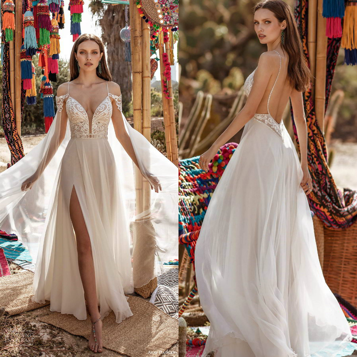 Asaf Dadush Boho Wedding Dresses With Wrap Cape Spaghetti Lace Appliques Beads A Line High Side Split Wedding Dress Chiffon Bridal Gowns