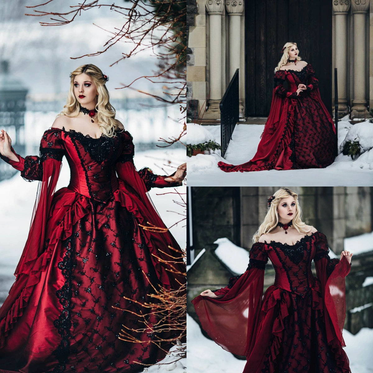 Red Romantic Wedding Dresses Off The Shoulder Black Lace Appliques Vintage Gothic Bridal Vestidos De Novia Sweep Train Boho Wedding Gowns