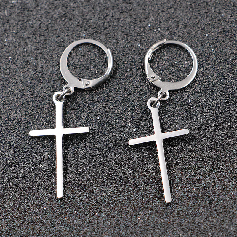 Smiple Punk Men's Cross Stainless Steel Hoop Drop Earrings New Style Hip Hop Earrings Jewelry Wholesale