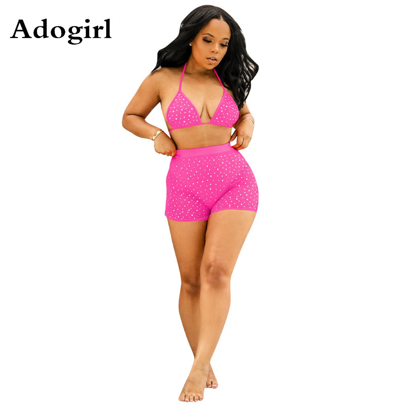 Sheer Mesh Hot Drilling Rhinstones Two Piece Set Women Sexy Tankini Halter Bra Top and Summer Shorts Swimming Pool Party Outfits, Blue swimsuit 
Sheer Mesh Hot Drilling Rhinstones Two Piece Set Women Sexy Tankini Halter Bra Top and Summer Shorts Swimming Pool Party Outfits, Blue swimsuit