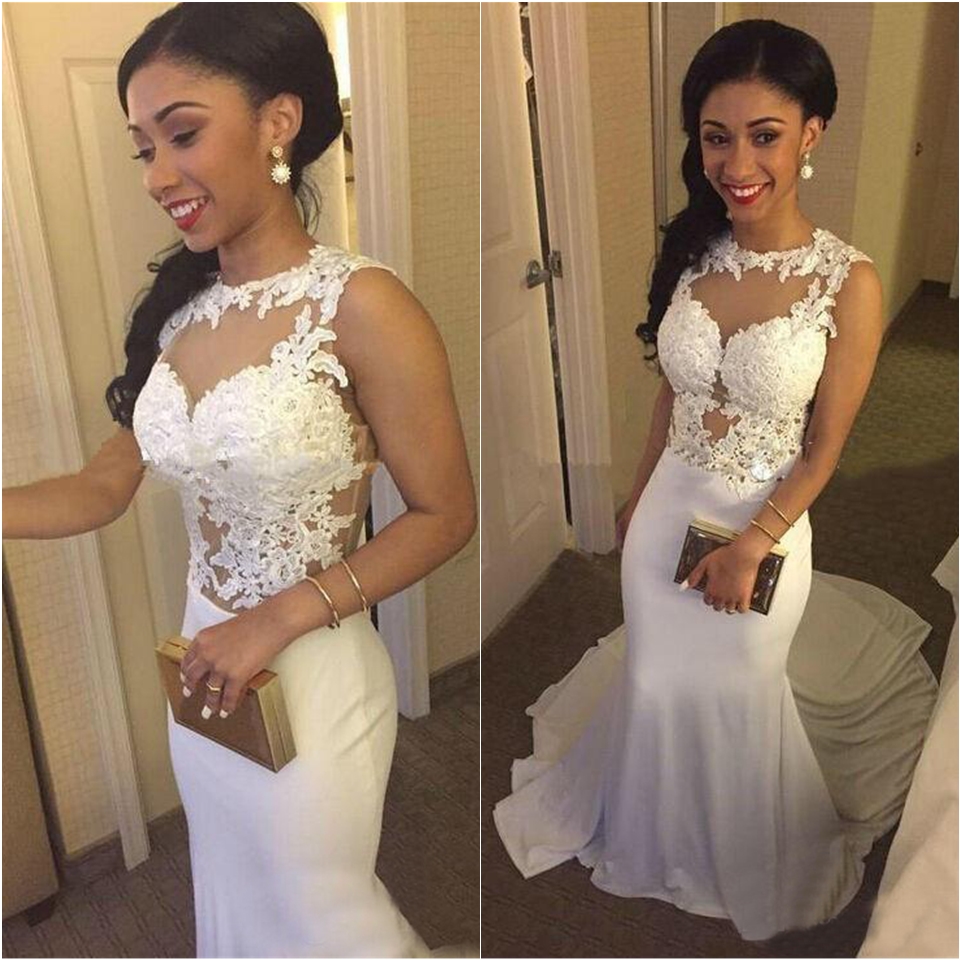 Long Mermaid Evening Dresses Party Gowns Illusion withe Lace Appliques Chiffon Prom Dress vestidos de noche free shipping