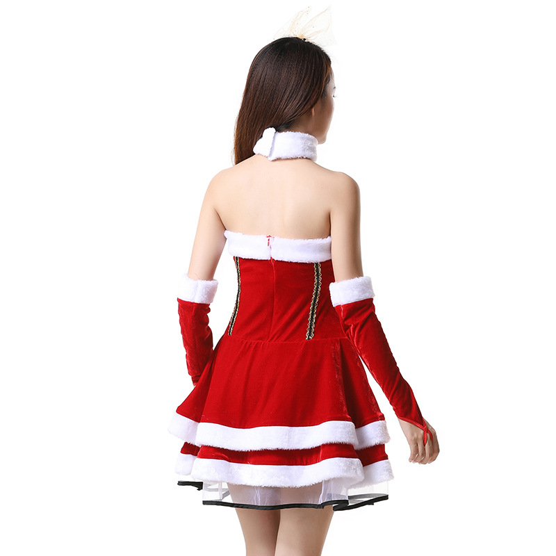Ms. Santa Adult Women Christmas Costume Bandeau Layered A-line Mini Dress with White Fuzzy Trim Headband Neckband Gloves Set Fashion Cosplay