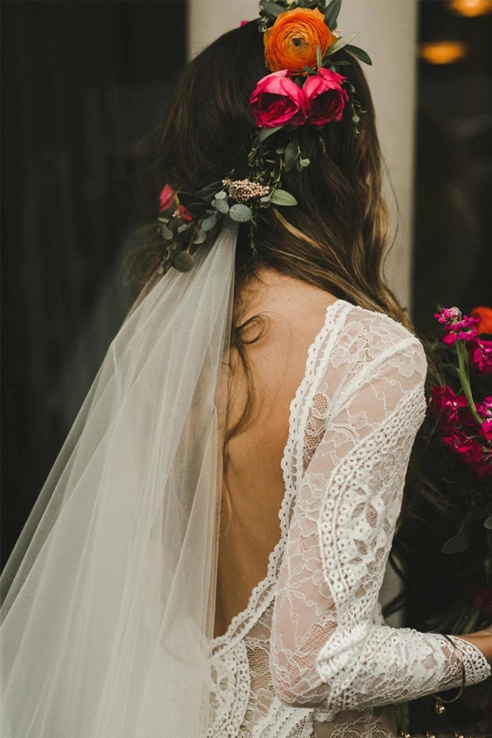 Lace Mermaid Wedding Dresses Bohemian Beach Boho Bridal Gowns Romantic France Long 2021 Bride Dress Sexy Backless Full Sleeve Illusion