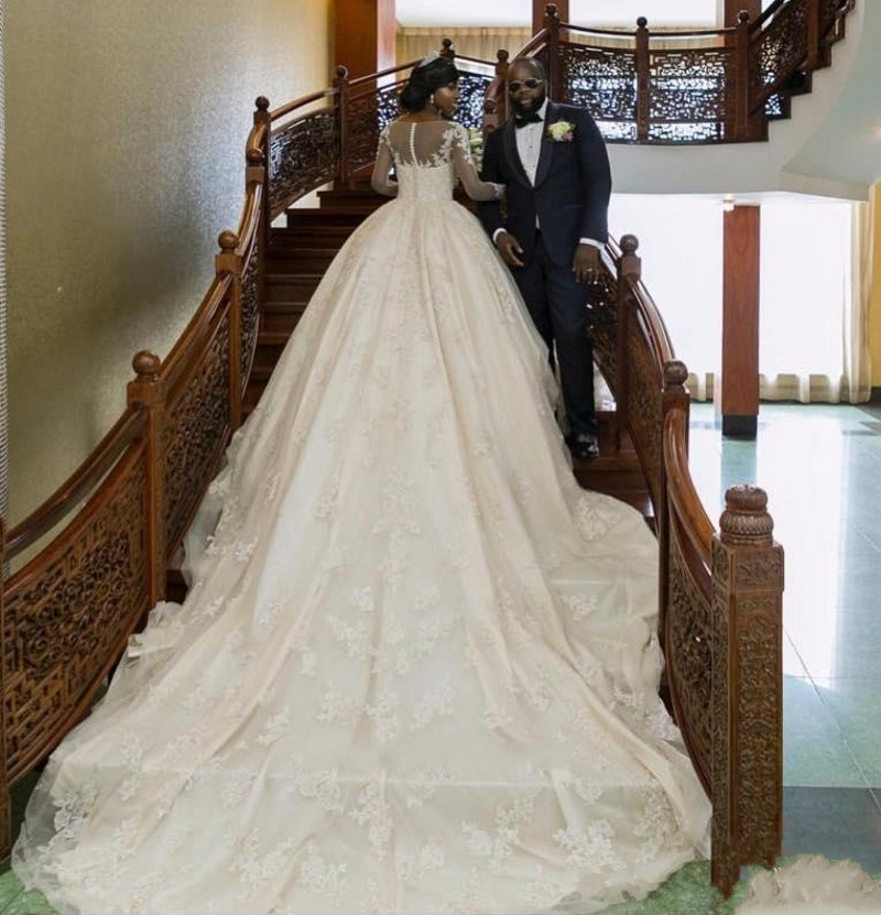 Gorgeous South African Lace Wedding Dress Sheer Neck Puffy Long Train Appliques Button Back Bridal Gowns Luxury country plus size cheap 2019