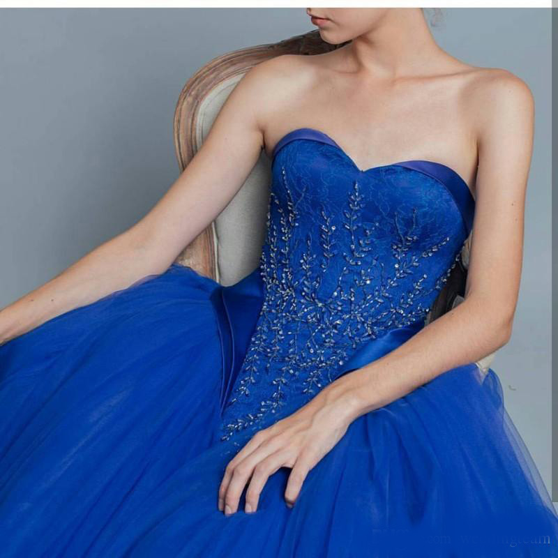 Fashion Blue Lace Ball Gown Quinceanera Dresses Sweetheart Neckline Beaded Prom Gowns Sweep Train Tulle Sweet 16 Dress