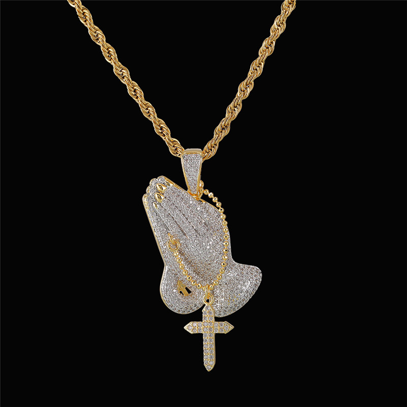 Iced Out Praying Hand Pendant Necklace With Mens/Women Gold Silver Color Hip Hop Charm Jewelry Necklace Chain For Gifts
