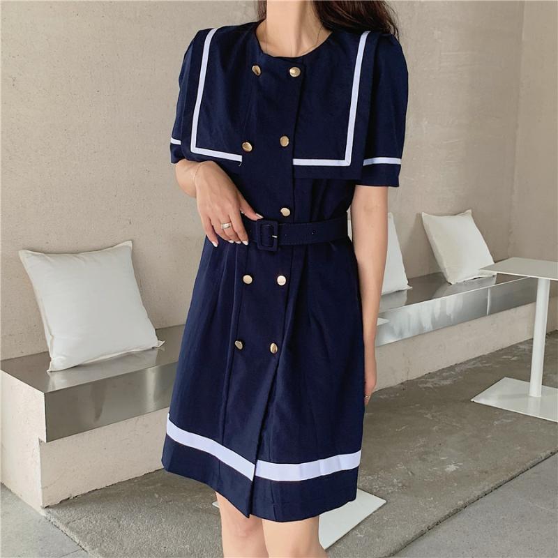 High-quality chic Fashion Dress double-breasted navy collar Elegant dress with belt female contrast Summer Street Casual cloth, Blue
High-quality chic Fashion Dress double-breasted navy collar Elegant dress with belt female contrast Summer Street Casual cloth, Blue