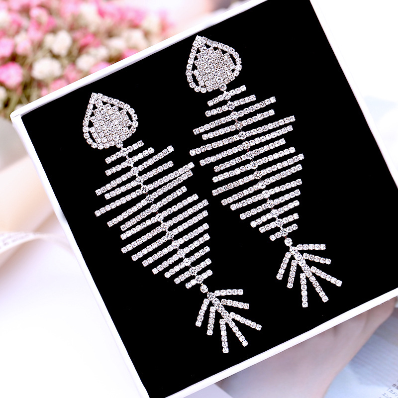 Shiny Bling Fish Skeleton S925 Silver Needle Dangle Drop Earrings New Style White Zircon Gold Plated Earring Jewelry Wholesale
