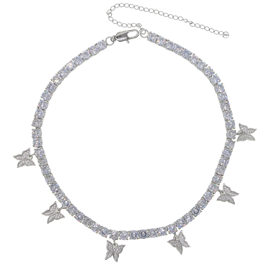 hot selling women hip hop chokers chain butterfly necklace iced out tennis chain micro pave bling pink clear cz punk animal necklace