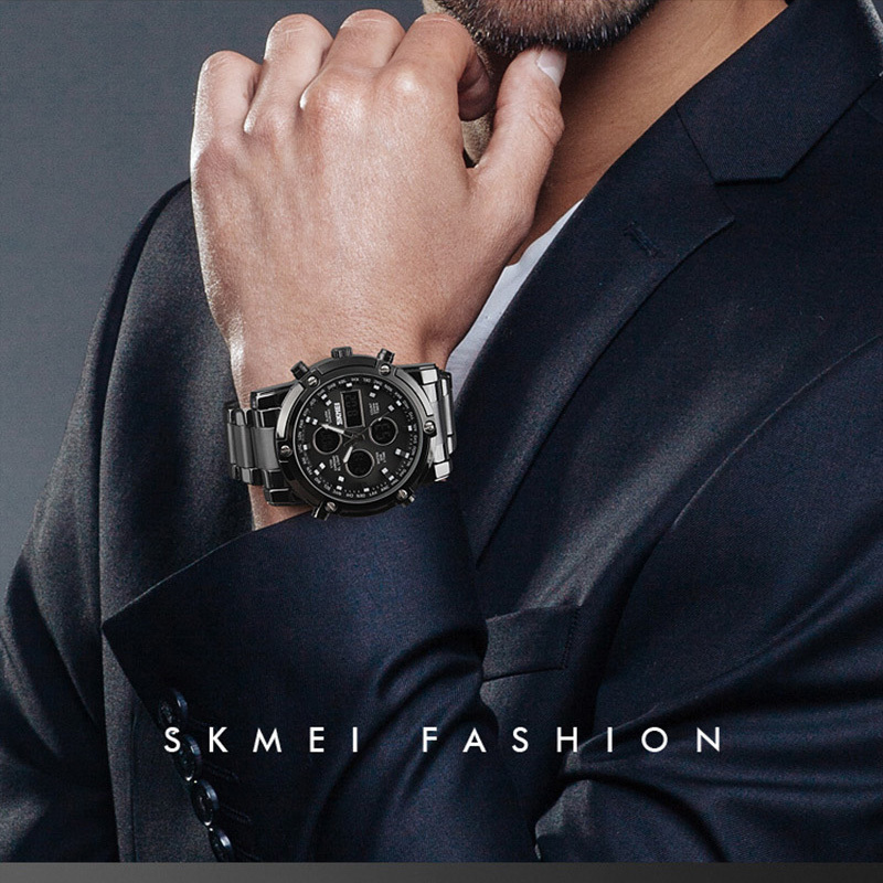 Analog Digital Watches Men Led Full Steel Male Clock Men Military Wristwatch Quartz Sports Watch Reloj Hombre 2018 Skmei Y19051403