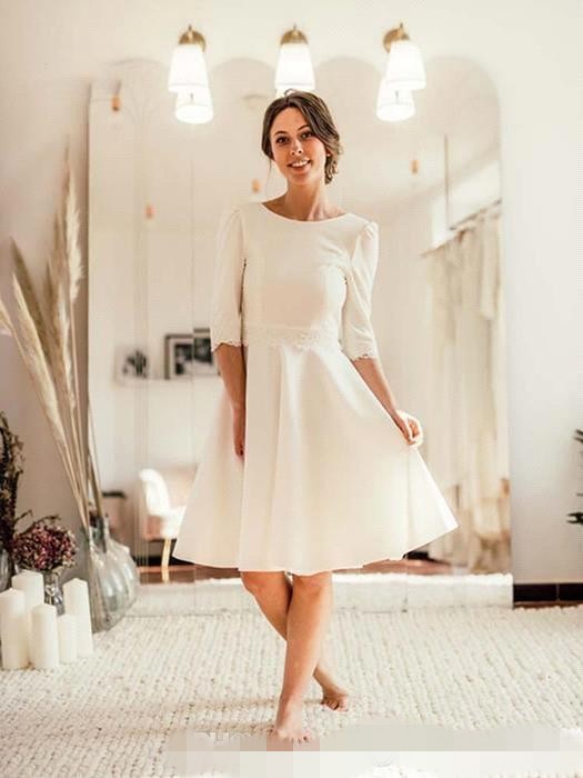 Short Beach Dresses Long Sleeves Backless Chiffon Lace Knee Length Simple Wedding Bridal Gown Vestido De Novia