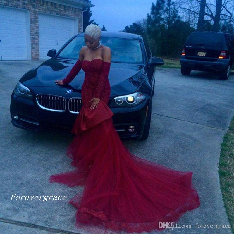 2019 Black Girl Off-Shoulder Long Sleeve Prom Dress New Arrival Mermaid Burgundy Appliques Lace Backless Party Gown Custom Make Plus Size