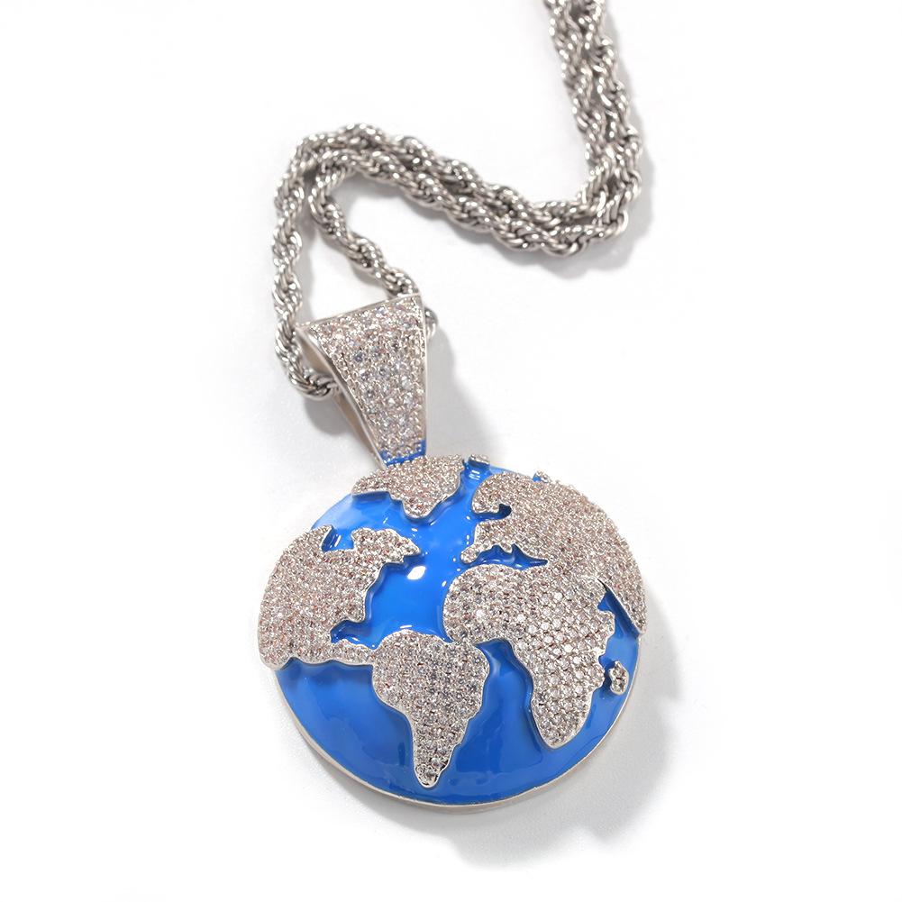 New White Gold Plated Bling Cubic Zirconia Enamel Blue Earth Pendant Mens Womens Necklace Bijoux Hip Hop Rapper Jewelry Gifts for Lovers