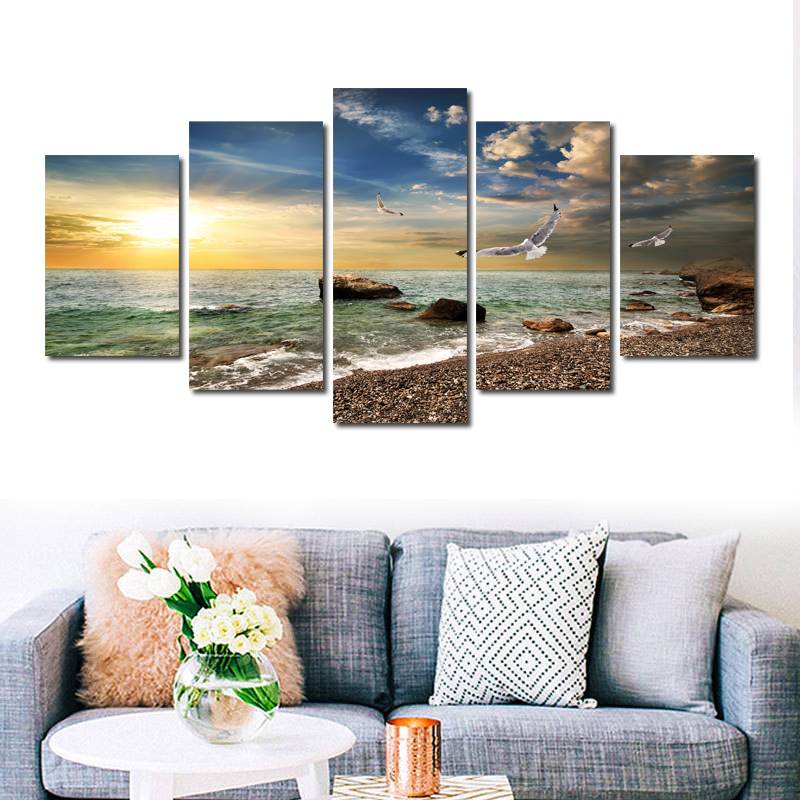 5 Piece Wall Art Canvas Sunset Sea Wall Art Picture Canvas Oil Painting Home Decor Wall Pictures for Living Room No Framed
