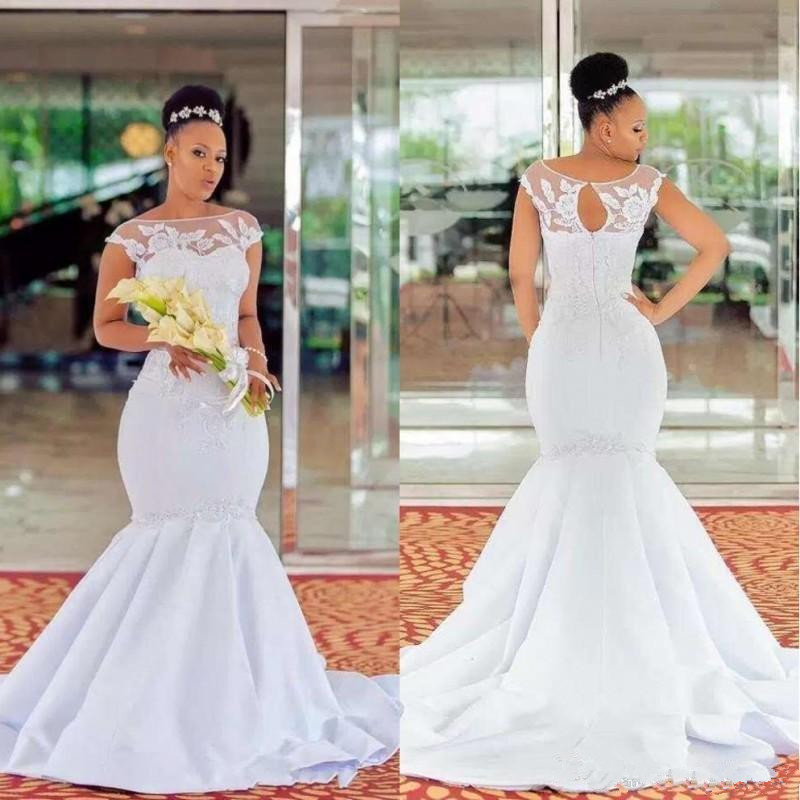Plus Size Mermaid Wedding Dresses Cap Sleeve Lace Sheer Neck Bridal Gowns Appliques Sweep Train South African Cheap Wedding Gown