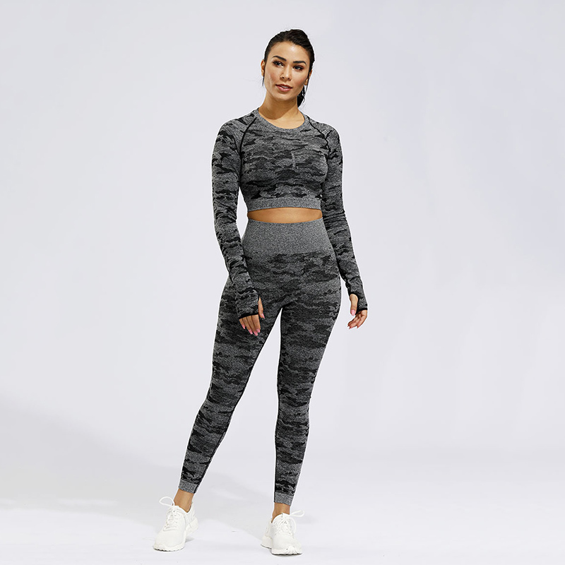 2PCS Camo Seamless Leggings Yoga Set Sportswear Women Fitness Clothing Booty Gym Leggings Long Sleeve Crop Top Sport Suit Workout Clothes MX200329