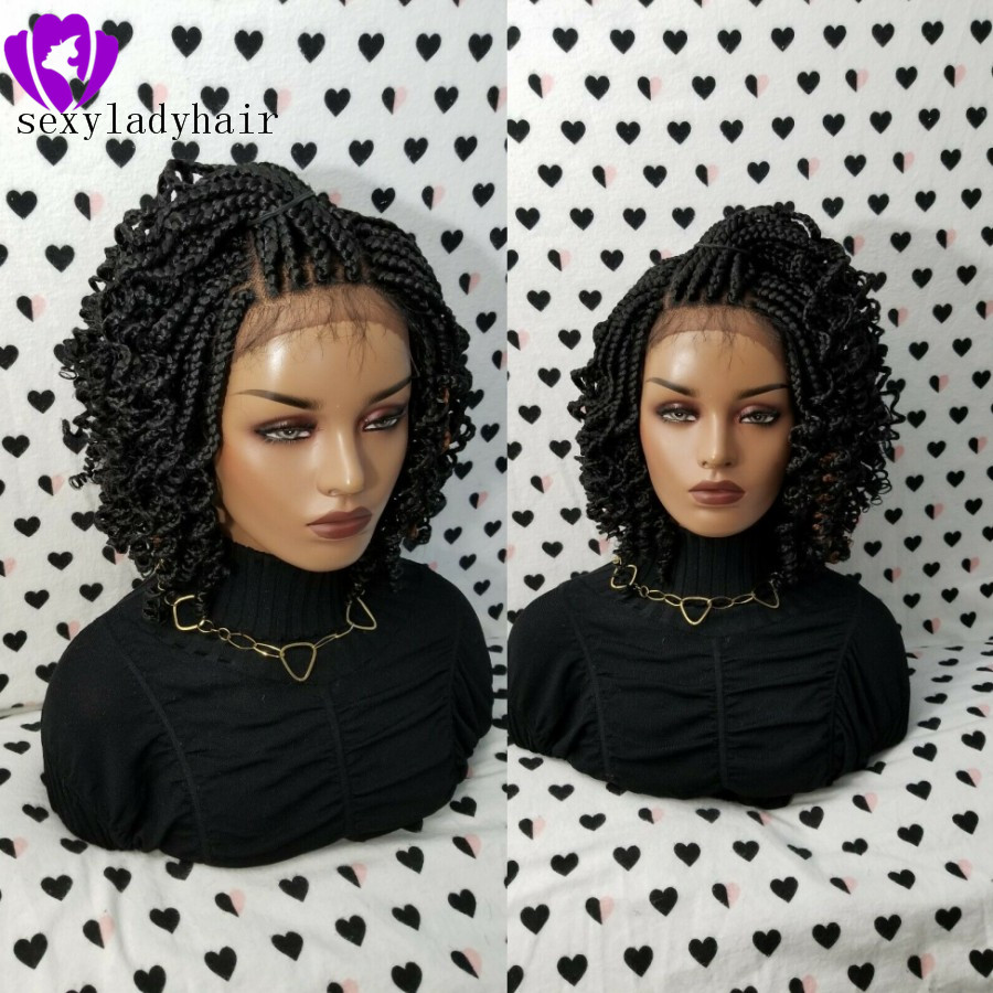 Africa american women braids style handmade full Box Braid wig black /brown/ombre color short Braided Lace Front Wig With Curly Ends