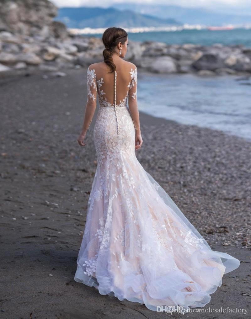 Elegant Long Sleeves Lace Mermaid Wedding Dresses Sheer Tulle Applique Sweep Train Beach Wedding Dress Bridal Gowns With Buttons