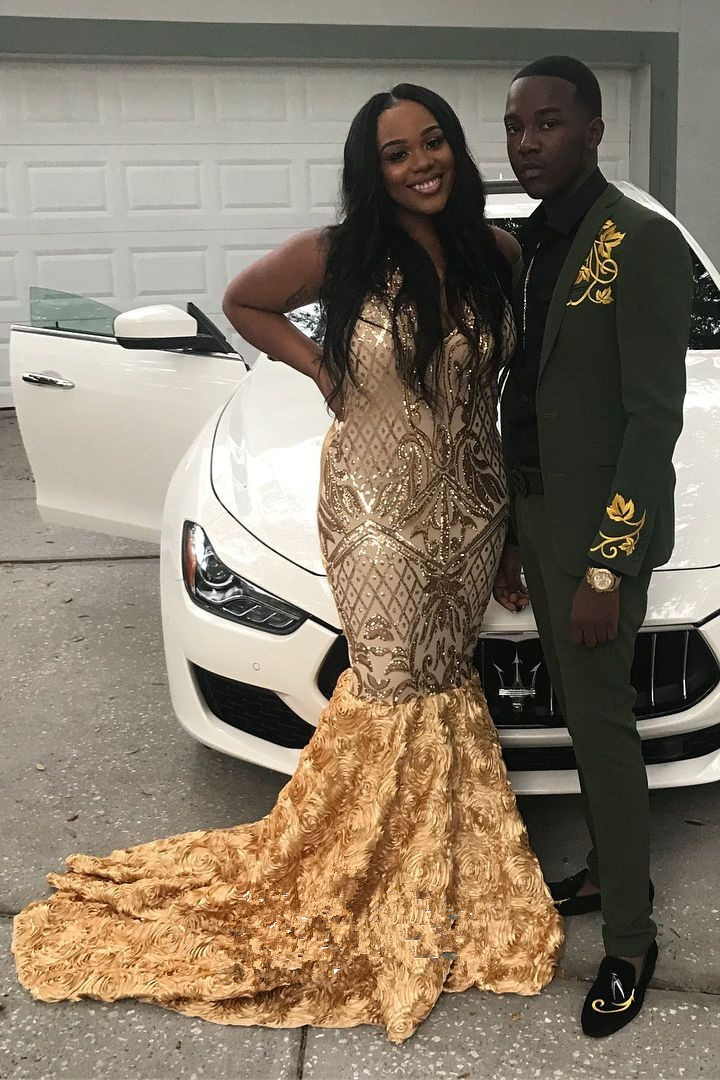 Hot African Mermaid Prom Dresses 2019 Gold Sequined Formal Evening Gowns Floral Pattern Pageant Party Dress Plus Size