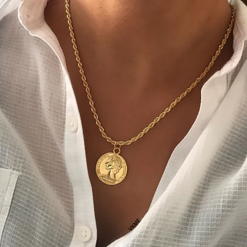 Chains VKME Bohemia Vintage Circle Avatar Necklace Twist Chain Coin Pendant Women Jewelry
Chains VKME Bohemia Vintage Circle Avatar Necklace Twist Chain Coin Pendant Women Jewelry