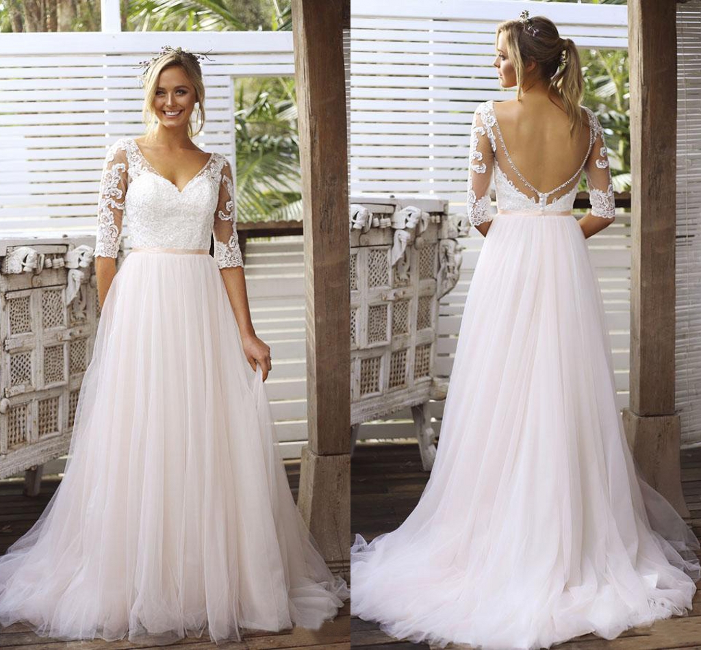 Half Sleeves Bridal Dress V Neck Lace Tulle Skirt Backless Wedding Dresses Vestido de Novia 2020 Wedding Gowns