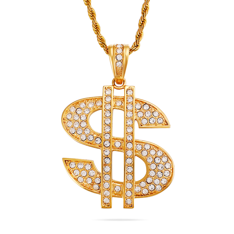 Men's Hip Hop Dollar Sign Pendants Necklace 316L Stainless Steel Full Cubic Zirconia Setting 18K Gold Plated Jewelry