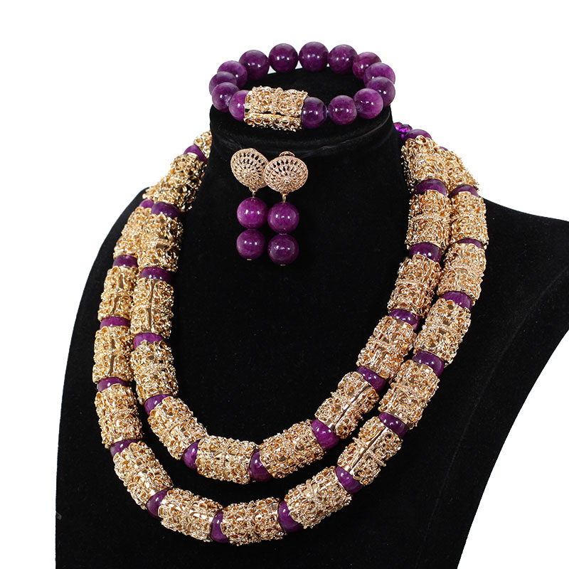 Splendid Navy Blue Nigerian Beaded Women Costume Jewelry Sets Dubai Gold Chunky Statement Necklace Set 2019 WE240 CJ191128
