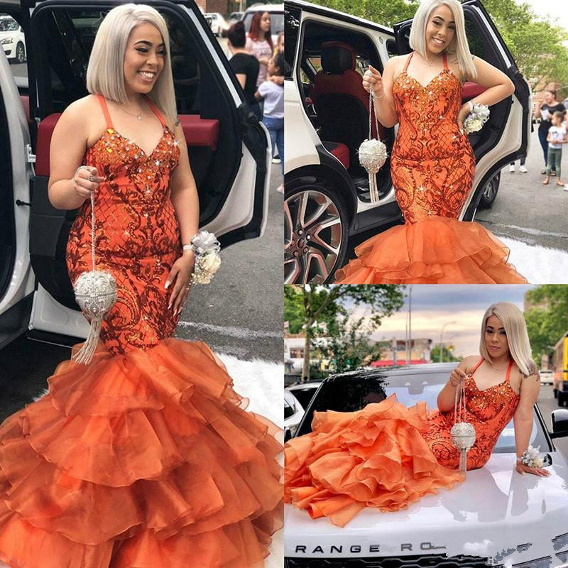 mermaid prom dresses spaghetti lace appliqued crystal tiered skirt evening dress sweep train formal party gowns floor length