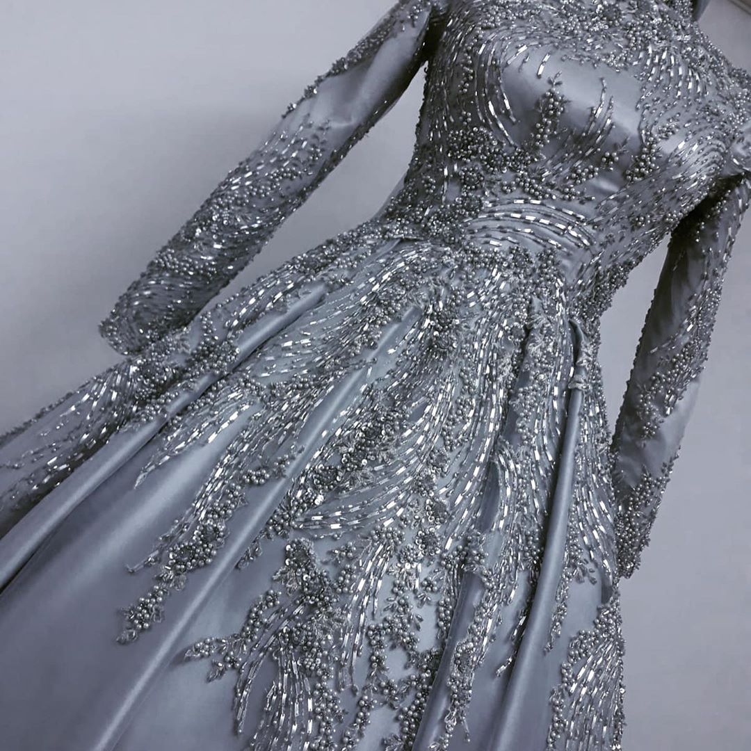muslim ceremonial wedding attire sophisticated long sleeve lace embellished bridal ensemble in luxe grey color code zj355