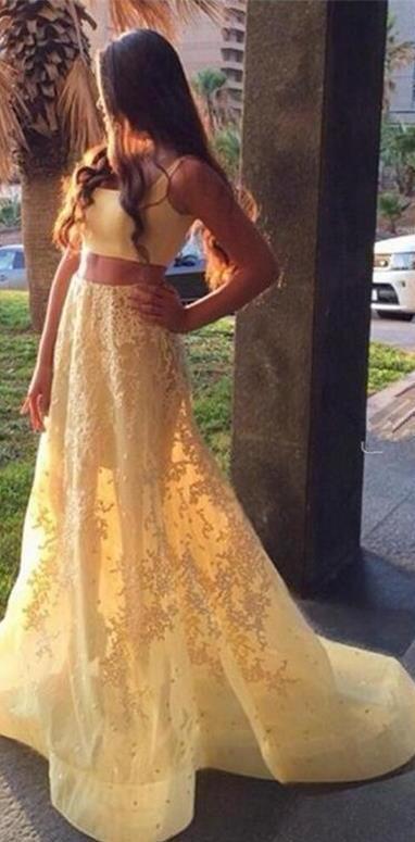 Two Pieces Yellow 2020 Prom Dresses Lace Formal Evening Gowns Straps Party Dress For Girls Pageant