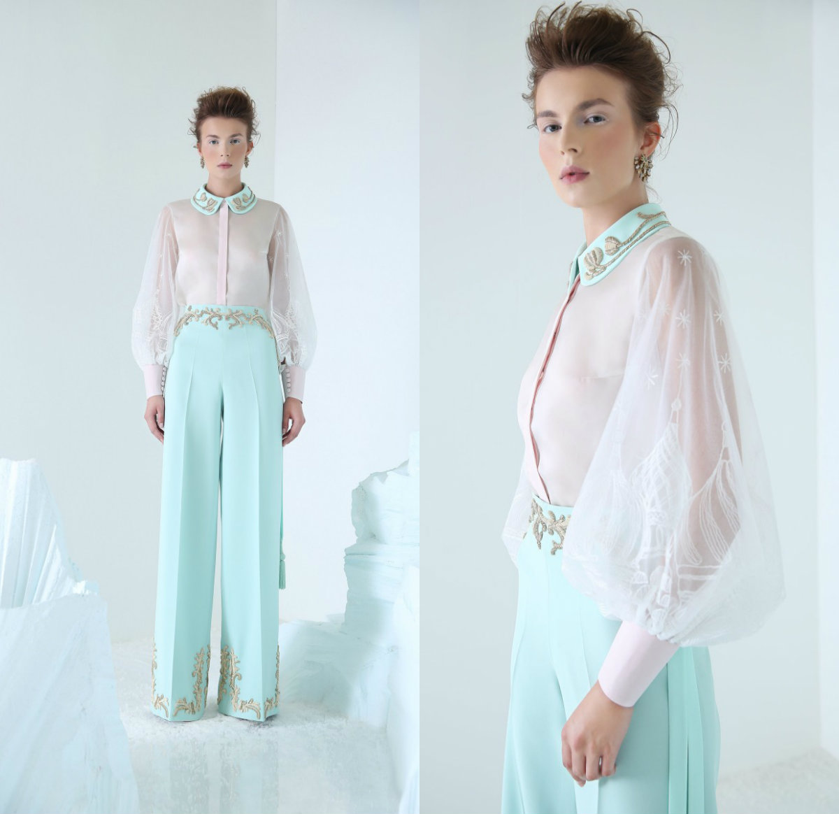 Newest A Line Prom Dresse Pants Long Neck Long Sleeve Tulle Satin Applique Two Pieces Party Dress Floor Length robes de soirée, Pink