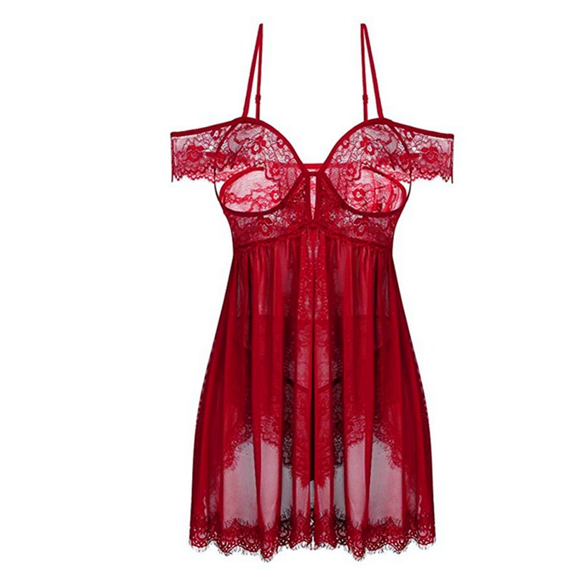 Women Sexy Open-Cups Eyelash Lace and Mesh Back Slit Babydoll and Panty Sleepwear Chemise Sheer Bedtime Clubwear Dress S-XXL Multicolors