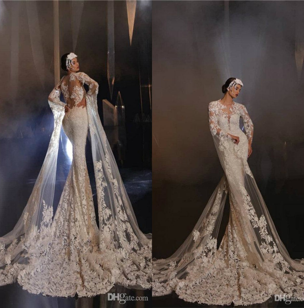 2020 Vintage Mermaid Wedding Dresses Jewel Neck Appliqued Lace Sweep Train Long Sleeve Bridal Gowns Custom Made Boho Vestidos De Novia