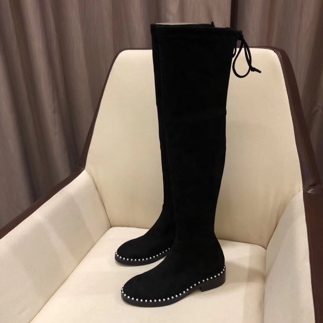Hot Sale-Women High Silk Sheepskin Knee High Dress Boots fashion Pearl Low Heel Thigh-High Boots Winter Plush Black Snow Knight Boots