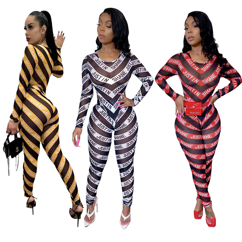 New European and American printed mesh fabric perspective striped suit women, Black
New European and American printed mesh fabric perspective striped suit women, Black