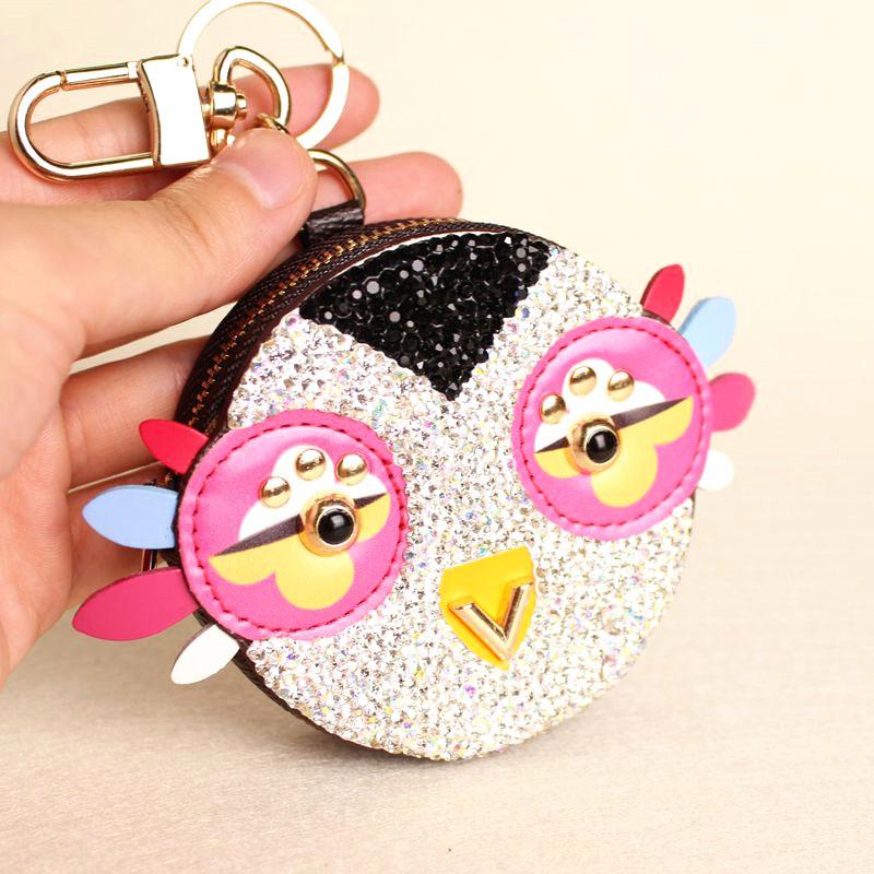 Cute Owl Chicken Crystal Cartoon Anime Coin Purse Keychain Pendant Pu Leather Wallet Key Chain For Women Bag Charm