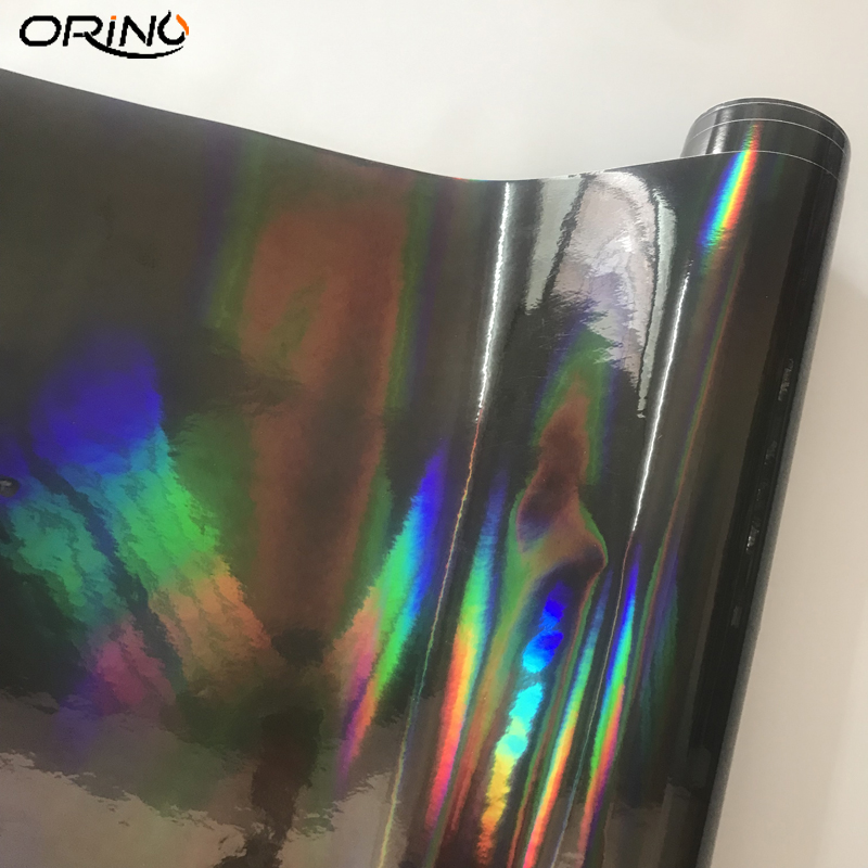 Black Holographic Chrome Vinyl Wrap Rainbow Finish Roll DIY Air-Release Adhesive Film Wrapping Foil