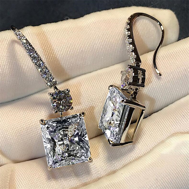 Princess Cut White Topaz Platinum Plated CZ Dia Dangle Sterg Sier Women Bridal Hook Earrings