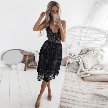 Sexy Party Women Summer Deep V Neck Backless Lace Dresses Fashion Sleeveless Halter Bandage Midi Dress B2